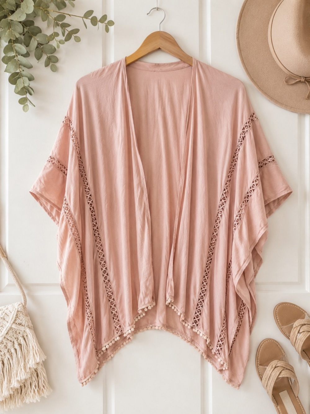 Melrose and Market Blush Pink Lace Trim Kimono Cardigan One Size Boho Layer
